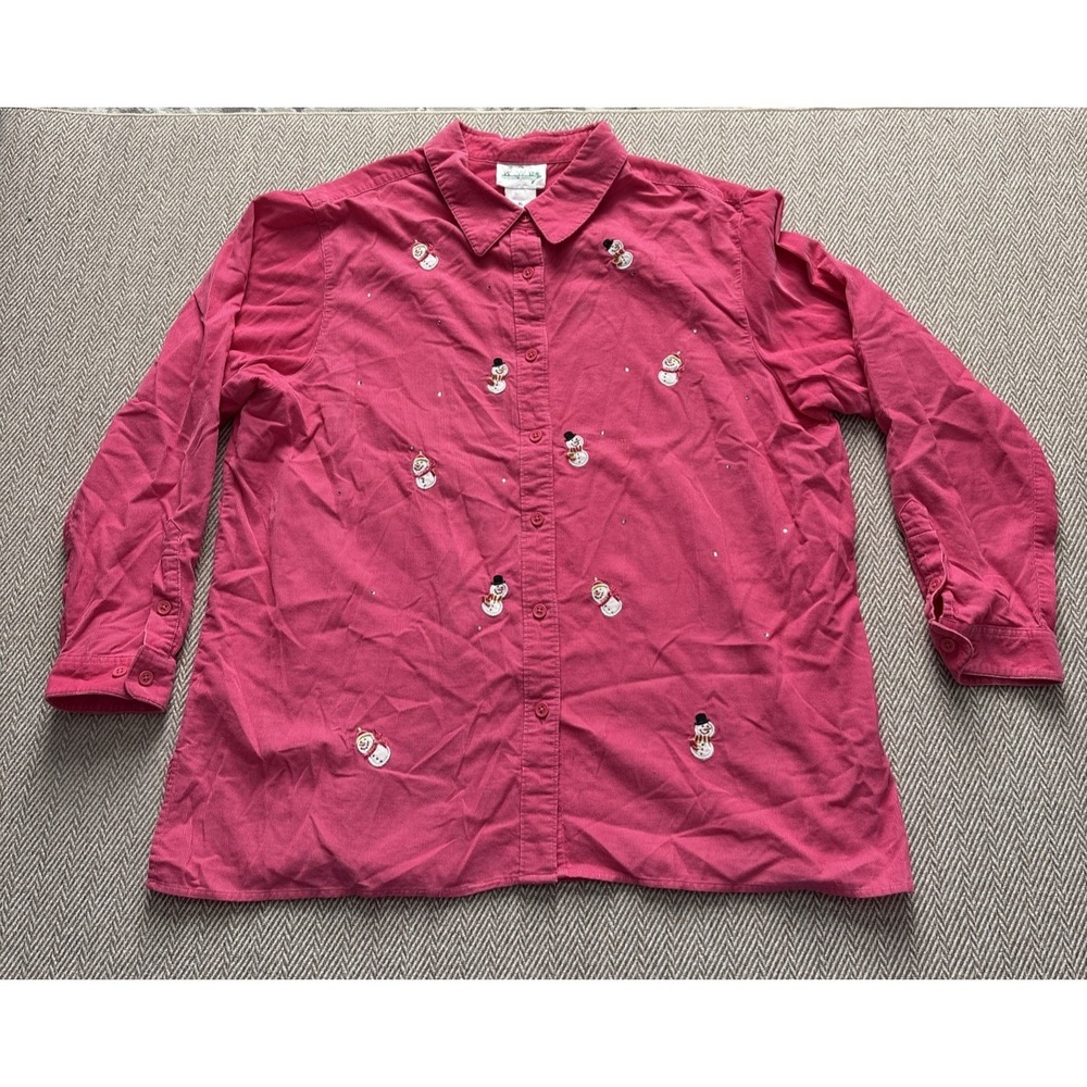 Quacker Factory‎ Pink Corduroy Snowman Embroidered  Button Up Shirt  Sz XL